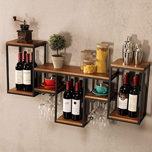 Industrial Wall Mounted Wine Racks with 8 Goblet Glass Holder, Metal Hanging Wine Bottle Holder, Vintage Wall Metal and Wood Shelf Floating Shelv