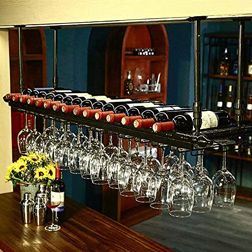 SUCHETA Hanging Wine Rack with Glass Holder and Shelf, Hanging Wine Racks Ceiling Mounted Wine Bottle Holder Metal Iron Stemware Racks Wine Glass