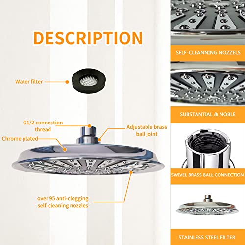 HIVEHICLE Rainfall Shower Head High Pressure – 8 Inch Large Fixed Showerhead Water Saving Luxury Free Installation with Brass Swivel Ball,Modern