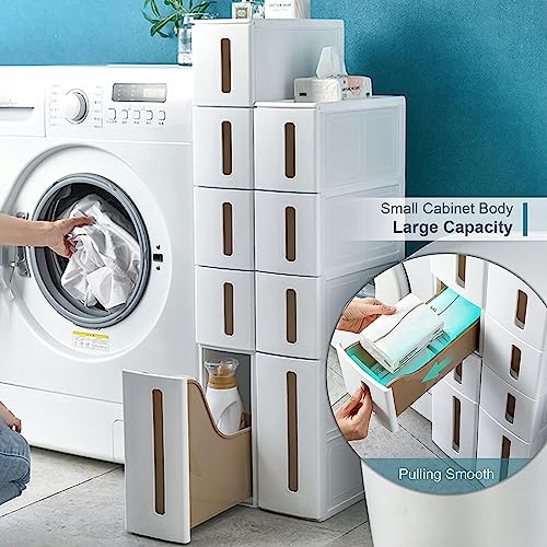 CIADAZ White Small Bathroom Storage Cabinet for Small Spaces, 5 Tier Skinny Storage Cabinet with Plastic Drawers for Kitchen/Living Room/Bedroom/
