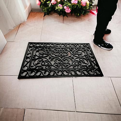 Rubber Door Mat Anti-Fatigue Floor Mat Decorative Wrought Iron Effect Drainage Heavy Duty Washable Non-Slip Patio Dirt Scrapper Outdoor Mat Suita
