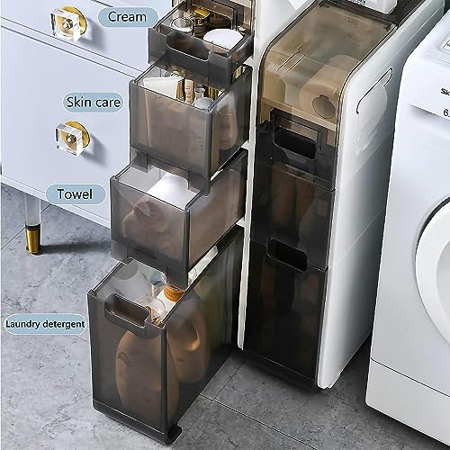 OPSREY Bathroom Floor Storage Cabinet With Transparent Drawers narrow Slender And Tall Movable Towel Storage Rack Side Independent Rolling Device