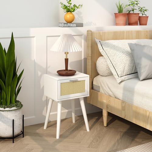 LAATOOREE Nightstand Set of 2, Small End Table with Rattan Door, Bedside Table with Solid Wood Feet, Boho Side Table for Bedroom Living Room Smal