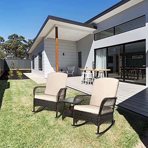 LeveLeve 3 Pieces Patio Conversation Set Chairs PE Wicker Outdoor Rocking Chairs Glass Table for Porch Lawn Garden Backyard Deck (A Sand)