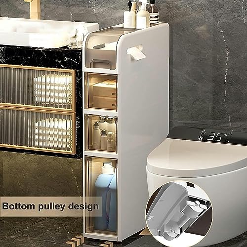 Narrow Bathroom Floor Cabinet, Slim Toilet Paper Storage Cabinet with Clear Drawers and Casters Plastic Storage Tower Organizer Unit for Washroom