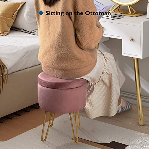 BONTEC Velvet Dressing Table Stool, Round Vanity Stool with Storange, Bedroom Ottoman Stool with Metal Legs for Home Living Room Fitting Room Bed