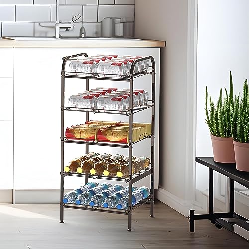 FAGIGY Water Bottle Organizer,5 Tier Vertical Free Standing Storage Rack, Large Capacity Stackable Can Storage Dispenser for Kitchen Cabinet or P