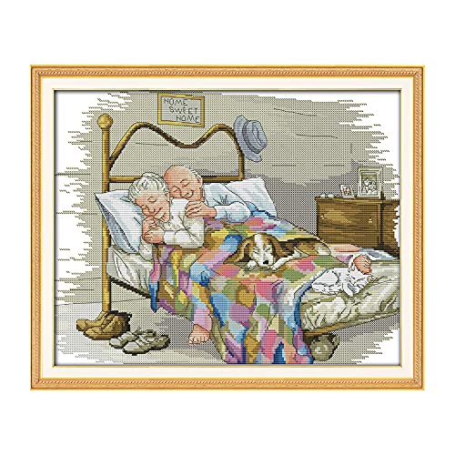 HUIOP 17.3 * 14 inches The Old Married Couple Pattern Cross Stitch Kit with Pre-Printed 11CT Canvas Cloth & Cotton Thread Embroidery Cross-Stitch