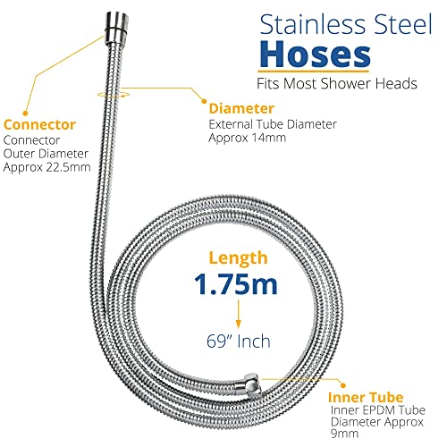 Drawer360 1.75m (69") Shower Hose | Stainless Steel Replacement Universal Fit Shower Pipe Anti-Kink Hose with 4 Washers – Chrome Effect