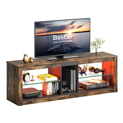 Bestier TV Stand Cabinet 140CM Entertainment Center Led Tv Stand Modern TV Unit with Glass Shelf RGB LED Lighted for 65 inch TVs with Ambient Lig