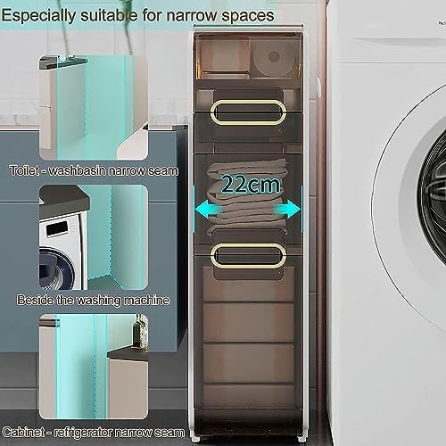Narrow Bathroom Storage Cabinet with Drawer, 4-Tier Large Capacity Tall Slim Bathroom Floor Cabinet with Plastic Drawers and Casters Vertical Sto