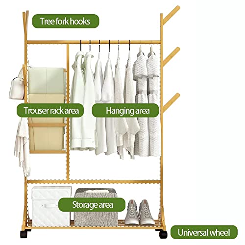 Clothes rack on wheels, bamboo coat rack, clothes rack with clothes rail and tree-shaped hooks, clothes rack with shelves, bamboo clothes rack fo