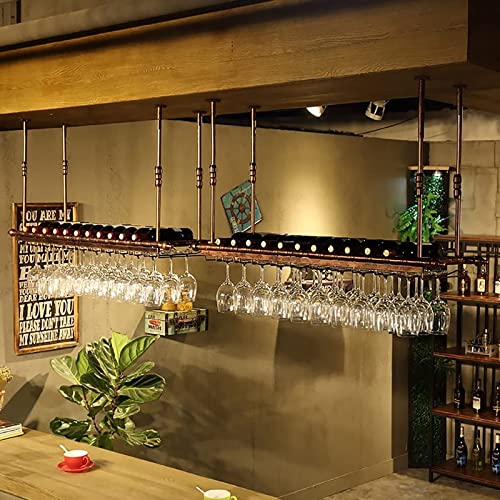 EYLINK Rustic Wine Bottles Holder, With Hanging Stemware Glasses Holder-Wall Mounted Metal Floating Shelf -Vintage Wine Storage Ceiling Wine Rack