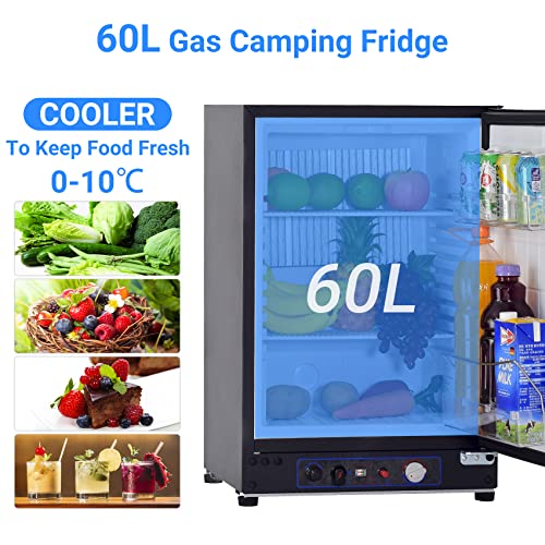 Techomey 3 Way Fridge Camping, 60L Gas Fridge 12V 240V LPG, 3 Way Campervan Fridge for Camping, Outdoor, Caravan, RV, Motorhome, Traveling, Black