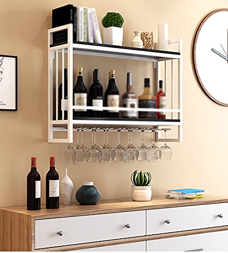 KEppd Industrial Wine Racks Wall Mounted with Glass Holder, Metal Hanging Wine Holder Wine Accessories, 2-Tiers Wall Mount Bottle Holder Glass Ra