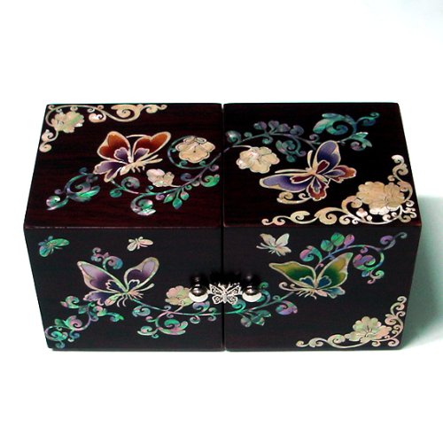 Mother of Pearl Crane Bird and Pine Tree Design Purple Wooden Jewellery Drawer Mirror Trinket Keepsake Treasure Gift Asian Lacquer Box Case Chest