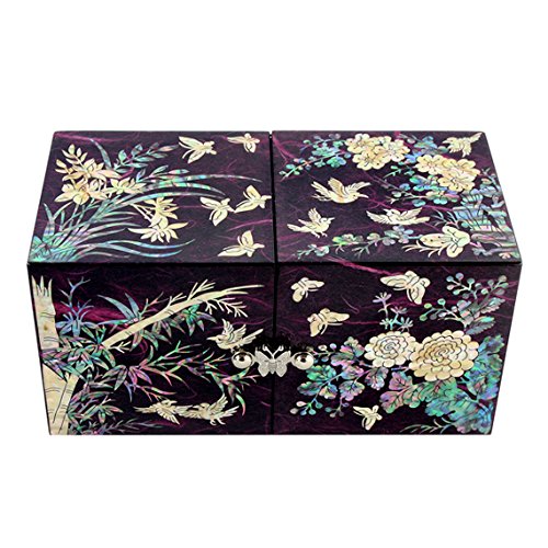 Mother of Pearl Crane Bird and Pine Tree Design Purple Wooden Jewellery Drawer Mirror Trinket Keepsake Treasure Gift Asian Lacquer Box Case Chest