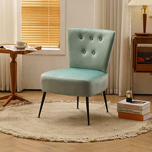 LIUZH Velvet Fabric Upholstered Trundle Chair With Black Metal Legs Dining Room Living Room Bedroom, Light Blue