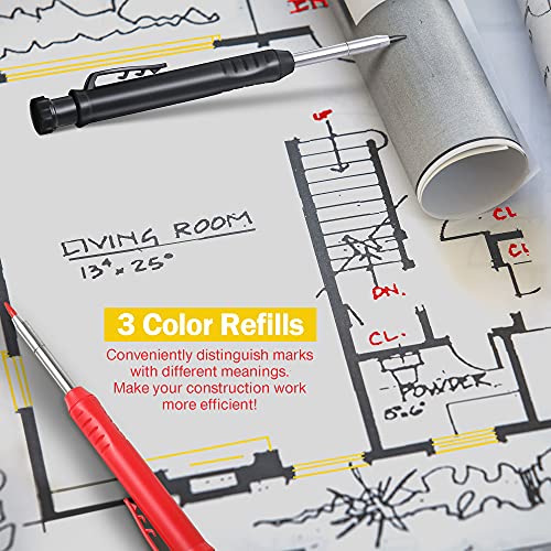 Hiboom 2 Pack Solid Carpenter Pencil with 14 Refill, Long Nosed Deep Hole Mechanical Pencil Marker with Built-in Sharpener for Carpenter Woodwork