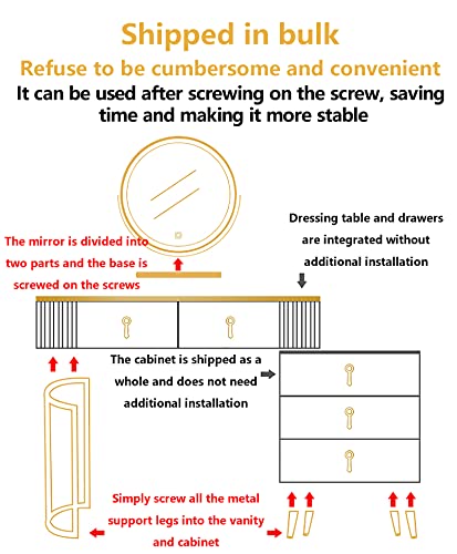 GORKEM Dressing table with LED 3-color lighted mirror Lighted dressing table and sideboard with 3 drawers Ladies and girls dressing table with ot