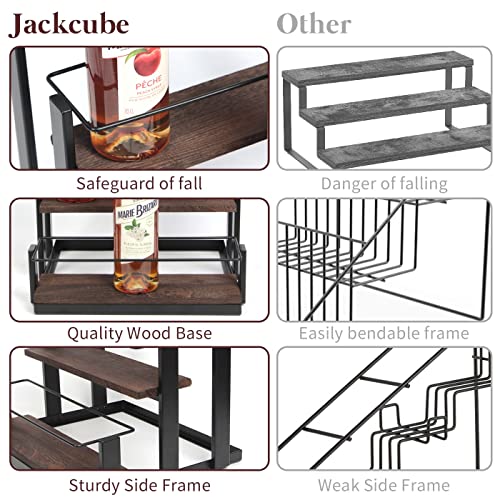 J JACKCUBE DESIGN 3 Tier Syrup Bottle Storage Rack, Rustic Wood and Metal Wire 12 Bottles Compartment Display Organizer Holder Stand for Syrup, W
