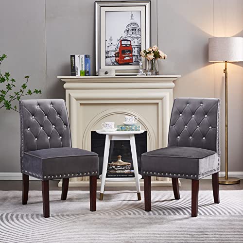Modern Accent Chair for Living Room, DRM'SCUUM Kitchen Dining Room Chair, Beautiful Bedroom Corner Chair, Grey Velvet with Crystal Buttons and St