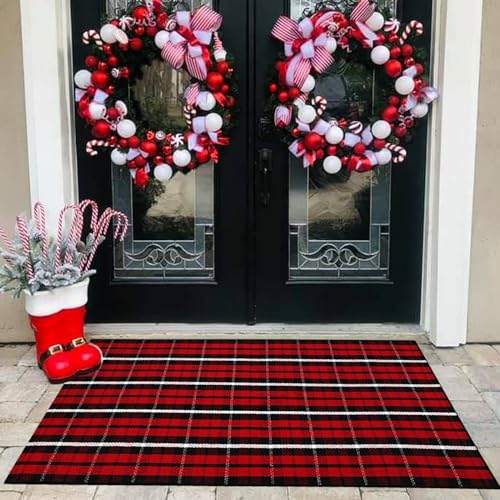 Orange and Black Plaid Rug, 35.4''x59'' Fall Outdoor Front Door Decorative Mat, Hand-Woven Rug for Layered Door Mats Washable Carpet for Porch, E