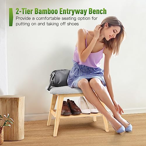 Joyoolife Shoe Storage Bench with Cushion, 2-Tier Shoe Bench with Storage and Seating, Bamboo Shoe Storage Bench with Cushion and Shelves