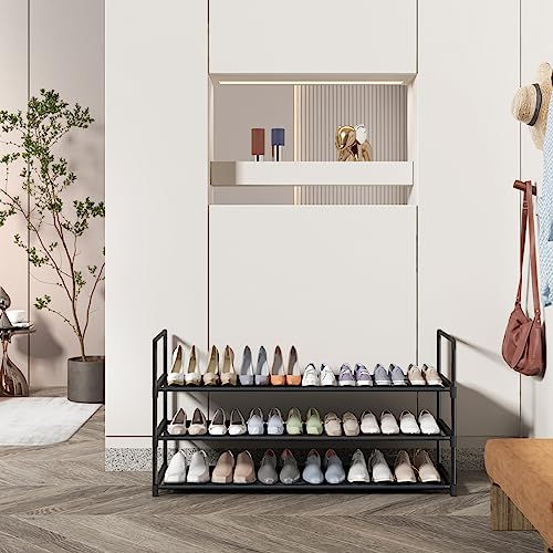 HITHIM 3 Tier Long Shoe Rack,Stackable Wide Shoe Shelf for Shoe Storage,Sturdy Shoe Stand,Non-Woven Fabric Shoe Organizer for Closet,Upgrade Shoe