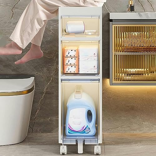 9''W Small Bathroom Storage Cabinet, 4 Tier Narrow Bathroom Floor Cabinet Large Capacity with Plastic Drawers and Casters Slim Toilet Paper Stora