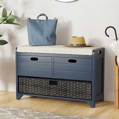 LOVMOR 32" Storage Bench for Entryway, Shoe Bench with Storage Removable Basket and 2 Drawers, Entryway Bench with Shoe Storage, Entryway Storage