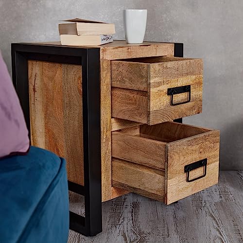 Harbour Bedside Table With Two Drawers for Living Room, Hallway, Bedroom - Handcrafted Reclaimed Wood Small Side Table - Fully Assembled Rustic E