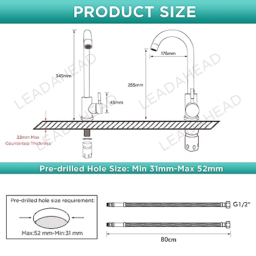 Kitchen Sink Mixer Tap SUS304 Stainless Steel Monobloc Mixer Taps with 360º Swivel Spout High Arc Single Lever Kitchen Faucet 1 Hole Mono Basin F
