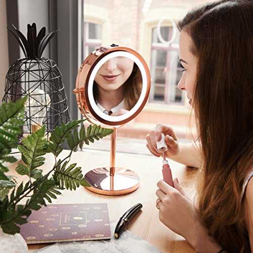 Navaris LED Illuminated Makeup Mirror - Two-Sided Vanity Mirror with Normal and 5x Magnification - 2-in-1 360° Swivel Cosmetics Mirror - Copper