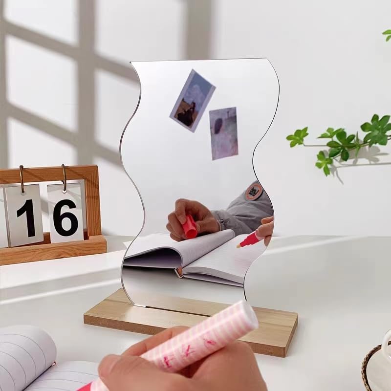 Funny live Aesthetic Room Decor Desk Mirror, Irregular Acrylic Mirrors with Wooden Stand for Living Room, Office, Locker, Vanity, Bedroom, Wall E