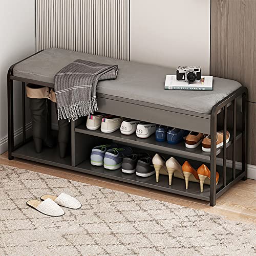 Shoe Storage Bench with Foam Padded Seat, 2-Tier Wooden Shoe Bench with Storage Space, Entryway Shoe Bench, Metal Frame, for Hallway Front Door,