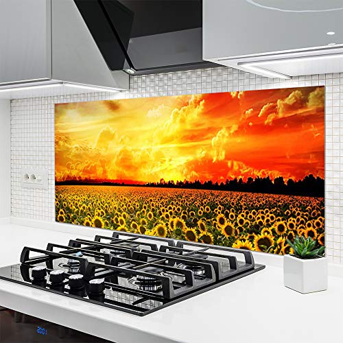Tulup Glass Splashback for Kitchen - 55.1 in x 27.6 in / 140x70 cm - Cooker Wall Protection Tempered Glass - Meadow Sunflowers Floral
