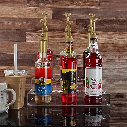 Lot45 Syrup Dispenser Coffee Bar Organizer - 2-Tiered Clear Acrylic Syrup Bottle Holder - Liquor Bottle Display Shelf - Countertop Barista Coffee