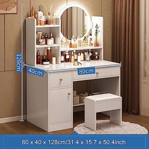 HAWEWE Vanity Desk With LED Lighted Mirror & Stool 31.4inch Vanity Table With Drawers 3 Lighting Brightness Adjustable Dressing Table For Bedroom