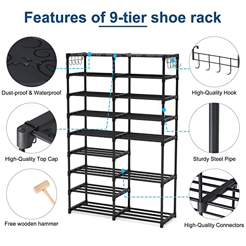 Tribesigns Shoe Rack Organizer, 32-40 Pairs Storage Shelf, 9 Tiers Stand, for Closet, Boot Organizer with 2 Hooks, Stackable Tower