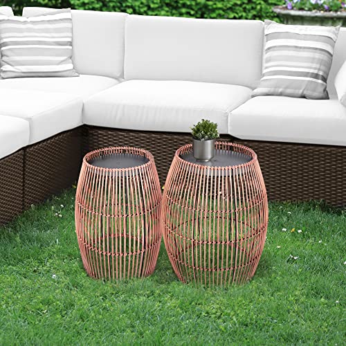 Teamson Home Outdoor Garden Small Round Drum Patio Side Table, 12.5 Inch Plant Stand in Bamboo Wicker, Weather Resistant, Outdoor Garden Décor, B