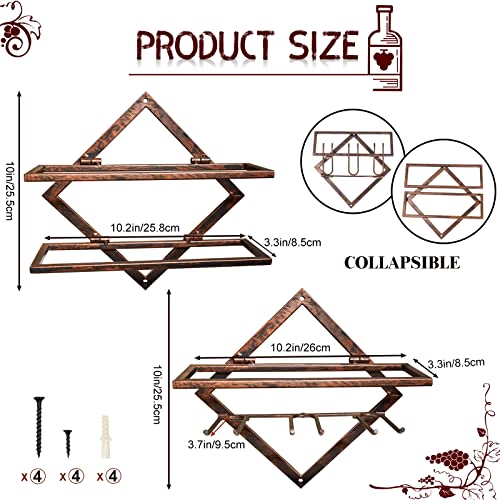 MERYSAN 2Pcs Metal Wall Mounted Wine Holder, Vintage Copper Hanging Wall Wine Rack Storage for 3 Liquor Bottles 3 Glass, Red Wine Bottle Display