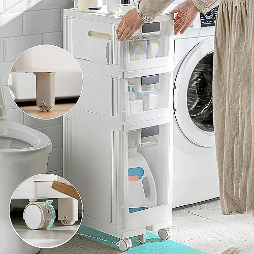 OPSREY Bathroom Floor Cabinet with Drawers Narrow Tall Floor Storage Drawer Cart with Clear Storage Drawers and Casters Large Capacity Slim Toile