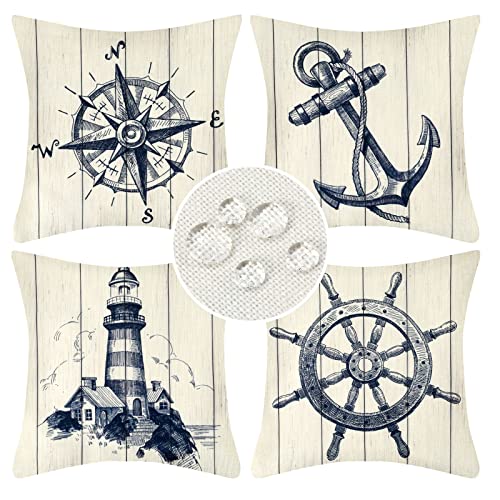 Outdoor Cushion Covers for Garden Furniture Decorative Waterproof Throw Pillow Cover Rudder Starfish Wood Background Square Pillowcases 45X45cm P