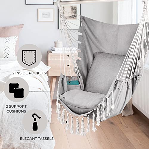 Flexzion Hammock Chair Swing, Hanging Swing Seat for Bedroom, Porch, Backyard, Garden, Indoor, Outdoor Hammock Chair with 2 Cushion Seats, 2 Insi