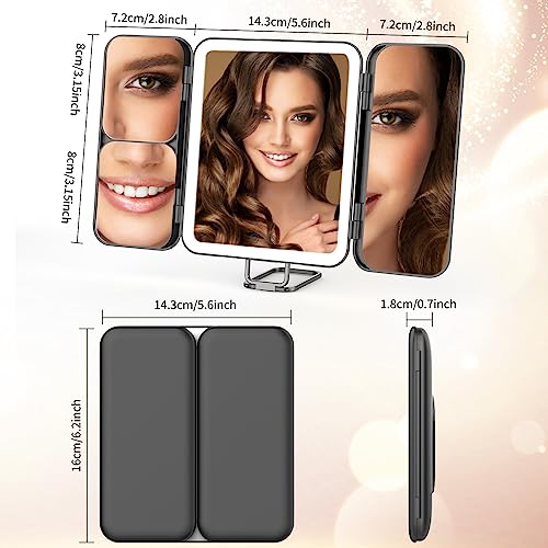 Kostlich Travel Trifold Vanity Mirror with 3 Color Lights, Rechargeable 1X/3X/7X Magnifying Mirror, Portable Light Up Makeup Mirror
