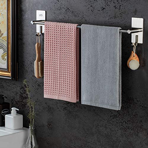 JS Towel Rail Wall Mounted SUS304 Stainless Steel Towel Holder Self Adhesive with 2 Hooks Stick on Towel Rack for Bathroom Shower Kitchen