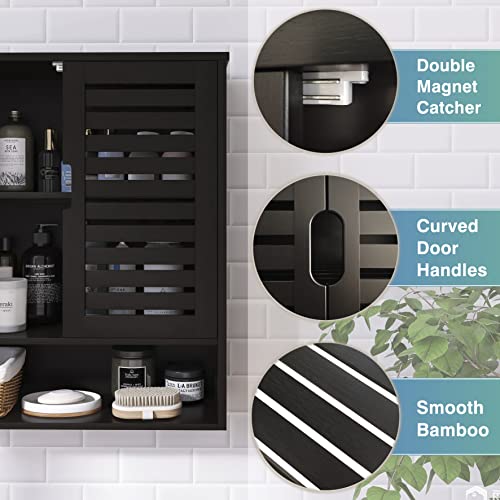 SMIBUY Bathroom Cabinet Wall Mounted, Bamboo Over-The-Toilet Storage Organizer, Space Saver Medicine Cabinet with 2 Door and Adjustable Shelves (