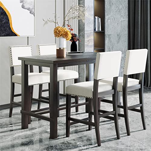 FEER 5 Piece Counter Height Dining Table Set Black Table And 4 Chairs Furniture In Beige