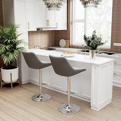 FATIVO 2 pcs Kitchen Bar Stool Chair: Grey Bars Stools Comfortable Leathaire Thick Sponge Foam Seat Breakfast Chairs Adjustable Height Swivel Uph